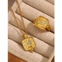 E.B.belle Retro Style Square Shape Star Moon Ring Necklace 18K Gold Plated Stainless Steel Party Women Jewelry Set