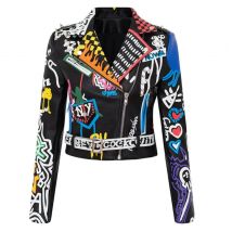 Nietenperlen Pu-Lederjacke Damen Graffiti Bunte Print Bikerjacken und Mäntel PUNK Streetwear-Jacke