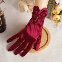 Elegantes Satin-Hochzeitskleid, rote kurze Brauthandschuhe, Retro-Perlenschleife, Damenfoto, Abschlussball, Etikette, Performance-Zubehör