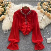 Französisch Elegante Shirts Frauen Design Diamanten Lose Casual Tops Langarm Rüschen Sanfte Büro Dame Blusen Frühling