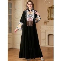 Siskakia Ramadan Muslim Kerb Stehkragen Quaste Lange Kleider Für Frauen Lose Elegante Kebaya Patchwork Hülse Abayas