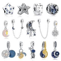 Charms aus 925er-Sterlingsilber, passend für Original-Armbänder, Stern, Mond, Sonne, Raumfahrer, Anhänger, Perlen, DIY-Frauen-Halsketten, Schmuck