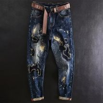 Neue trendige Herren-Jeans für Frühling und Sommer, gewaschen, zerrissen, gepatcht und bemalt, Stretch, schmal geschnitten, blau mit geradem Bein.