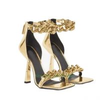 Metal Chunky Chain Square Toe Sandals Stiletto High Heels Back Zipper Ankle Strap Solid Color Cover Heel Sexy Women Shoes Modern