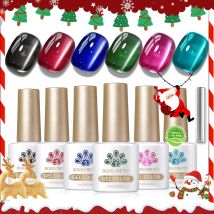 BORN PRETTY 6 Flaschen 7 ml Weihnachtsglasperle Katze Magnetgel Semi Permanent Ultra Shine Soak Off UV Gel Nail Art Lack