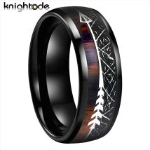 Schwarzer Meteorit/Koa-Holz, einzigartiger Textur-Inlay-Wolframkarbid-Ring für 8 mm Männer und Frauen, Hochzeit, silberfarbene Pfeilkuppel, poliert
