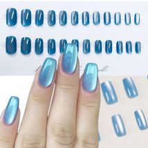 24/96pcs Short Square Water Light Blue Cat Eye Press on Nails Glossy Reusable Full Cover False Nails Finished Wearable Nail Tips