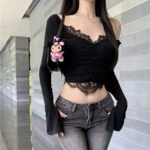 Sexy Crop Tops Frauen y2k Kleidung Langarm Spitze Mesh T-Shirt engen Ausschnitt Luxus V-Ausschnitt Tops schwarz weiß neu
