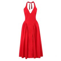 YENKYE Rot Elegante Dünne Abend Party Kleider Frauen Sexy Backless Niedrige Taille A-line Midi Lange Halter Kleid Baumwolle Robe