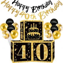 Black Gold 40th Birthday Party Decoration Happy 40th Birthday Banner Cardboard Boxes 12inch Balloon for Man Woman Party Supplies