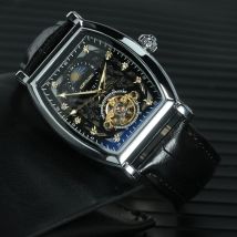 AOKULASIC Tourbillon Iced Out Skeleton Automatic Mechanical Watches for Men Luxury Moon Phase Casual Leather Strap Mens Watch