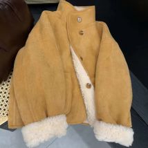 MEXZT Cropped Lamb Wool Coat Women Vintage Pockets Patchwork Faux Fur Jacket Winter Ladies Korean Long Sleeve Short Outerwears