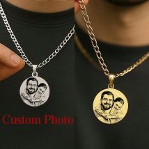 WLP Personalisierte Foto-Halskette mit rundem Teller-Anhänger, Edelstahl, lasergraviertes Bild, Porträt, personalisierte Halskette, Erinnerungsgeschenk