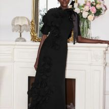 Crepe Evening Dresses For Women Short Sleeve فساتين سهرة High Waist Cocktail Dress With 3d Appliques Formal Gown