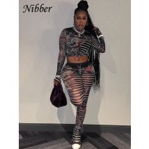 Nibber Vintage ästhetischen Mesh-Druck zweiteiligen Set Frauen Roll kragen Crop Tops schlanke Hosen weibliche Streetwear Stretch Outfits Anzug