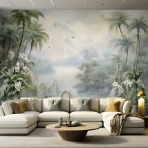 Benutzerdefinierte Fototapete Schöne tropische grüne Waldbäume Berge Vögel TV Sofa Hintergrund Wohnzimmer Schlafzimmer Murales Hintergrund