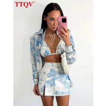 TTQV Fashion Loose Print 3 Pieces Set For Woman 2025 Elegant Long Sleeve Shirt + Bra With High Waist Mini Skirt Set Female