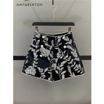 Schwere Industrie Pailletten Perlen Samt Shorts Frauen Herbst Winter Trendy High-taille Schlank A-line Casual Breite bein Hosen weibliche