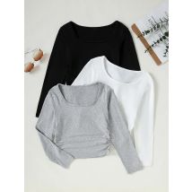 3-teiliges Set Frühling/Herbst Langarm-T-Shirt für Mädchen, Rundhalsausschnitt, plissiert, kurz, einfarbig, lässig und vielseitig, Outdoor-Oberteil