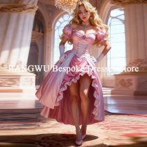 Rosa schulterfreies Gothic-Abendkleid, hoch niedrig, kurzer Rock, Korsett, Bustle, viktorianisches Cosplay-Abschlussballkleid, individuell gestaltet