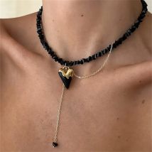 Modny naszyjnik w stylu vintage z czarnym geometrycznym kryształem, łańcuszkiem ze stali nierdzewnej i zawieszką w kształcie serca dla kobiet, biżuteria w stylu boho, neelry