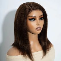 Natural Brown Color 4 Kinky Straight Bob Side Part Human Hair Lace Wig Natural Hairline Wig Natural Black Color Glueless Wigs