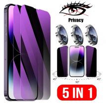 5in1 [2 violettes Glas + 3 Objektivdeckel] Anti-Spy-Displayschutzfolie für iPhone 16 15 14 Plus 13 12 Mini Pro Max gehärtete Folie