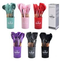 Utensilios de cocina de silicona con mango de madera, juego de ollas antiadherentes, Cubo de almacenamiento, 12 piezas