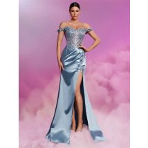 Luxuriöse blaue Meerjungfrau-Satin-Abendkleider 2022, ärmellos, V-Ausschnitt, Tüll, Schlitz, langes Abschlussball-Partykleid
