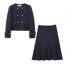Europäische und amerikanische Herbst und Winter neue Mode Damenbekleidung Schnalle Dekoration Wollmischung Jacke Midirock