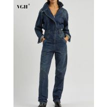 VGH Solide Patchwork Taschen Casual Denim Overalls Für Frauen Revers Langarm Hohe Taille Vintage Gerade Overall Weibliche Neue