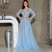 Oimg elegant hellblau eine Linie Tüll Abendkleider lange Ärmel glänzend V-Ausschnitt Dubai Ballkleider formelle Party kleid angepasst