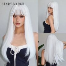 HENRY MARGU Parrucche sintetiche bianche lunghe e diritte per le donne Capelli finti colorati per feste cosplay con frangia Parrucca bianca ad alta temperatura