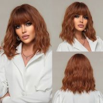 Kurze Bob gewellte synthetische Perücke rotbraune Kupfer Ingwer Perücken mit Pony für Frauen natürliche Party Cosplay hitze beständiges Haar
