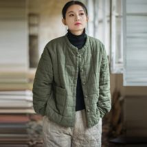 Hohe Qualität Frauen Casual Stepp Mäntel Neue 2024 Winter Vintage Stil Einfarbig Lose Weibliche Baumwolle Leinen Gepolsterte Jacken M165