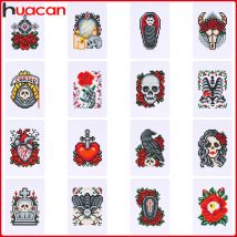 Huacan 16 Stück Halloween-Diamantgemälde, Cartoon-Blume, neue Kollektion, rundes Mosaik, Porträt, Totenkopf, handgefertigte Wanddekoration