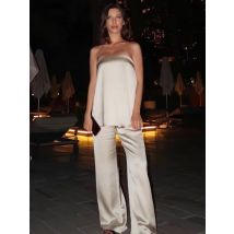 HXAO Satin Pant Sets Women's Two Pieces Set Strapless Off Shoulder Tube Vest 2 Piece Sets Woman Outfit High Waist Trousers Sets