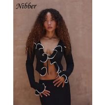 Nibber unregelmäßigen Kontrast Crop Tops Frauen Herbst Cardigan Bandage Blütenblatt Ärmel Trend sexy coole elastische Mitternacht Party Streetwear