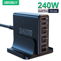 Ubigbuy-estación de carga USB C de 240W, cargador de escritorio GaN de 8 puertos, adaptador de ordenador portátil de USB-C de 100W para MacBook Pro/Air, iPhone y Samsung