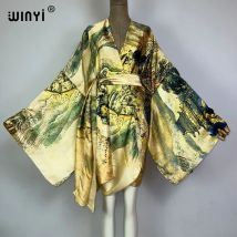 WINYI Africa kimono Chinese oil painting print boho kaftan for woman Cover-up Elegant Cardigan sexy beach swimsuit evening dress