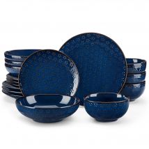 MALACASA  Lydia 16/32 Stück blaue Steinzeug Teller Abendessen Set Prägung Geschirr mit 6 stücke Teller/Dessert/Suppe/Schüssel
