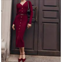 Damen-Maxikleid mit V-Ausschnitt und Knopf, geteilt, Herbst-Winter, langärmelige Strickkleider, 2022, neues, hüftumwickeltes Pullover-Cardigan-Kleid