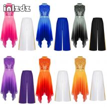 Liturgische Anbetung für Kinder, Mädchen, Lobpreis-Tanz-Outfit, ärmelloses Pailletten-Mieder, Tunika, Kleid + Hose, Tanzbekleidung-Sets für lyrische Moderne