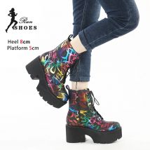 Größe 35-43 Winter Stiefel Für Dame 8CM Chunky Heels Mode Graffiti Stiefeletten Punk Frauen Schuhe Dicken Boden kurze Botas Mujer