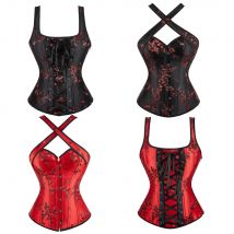 Korsett mit Riemen für Frauen Floral Jacquard Korsett Bustiers Schwarz Gothic Tops Plus Größe Lace Up Korsetts Vintage Rot XS-7XL