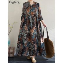 Übergroßen Frühling Langarm Kleid Frauen Drucken Mode Rüschen Lose Gefaltete Damen Lange A-Line Kleider Casual Frau Kleid