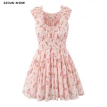 2024 Sexy Rosa Blumendruck Gummiband Slash Schulter Kleid Gefaltet Elastische Taille Schaukel A-linie Kurze Tank Robe Urlaub Frau