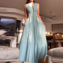 Frauen Oansatz Hohe Taille Gefaltete Lange Kleid Sexy Aushöhlen Backless Swing Strand Kleid Frühling Sommer Ärmellose Solide Party Kleid