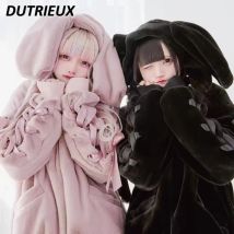 Japanese Sweet Girl Cute Rabbit Ears Plush Coat Autumn and Winter Thickened Warm Jacket College Style Faux Fur Cotton Clothes