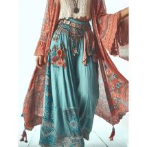 Frauen Breite Bein Hose Blumen Druck Elastische Taille Lose Harajuku Casual Weiche Ethnische Mode Hosen Herbst Vintage Hosen 2024